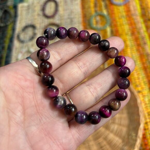Purple Tiger’s Eye 6” small Elegant Multicolor Beaded Bracelet genuine crystal - Picture 3 of 3